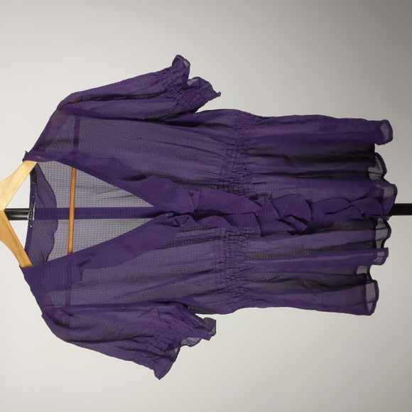 Basque Blouse Size 14 Purple Sheer Ruffle Short Sleeve Button-up Check Elastic - Picture 2 of 13